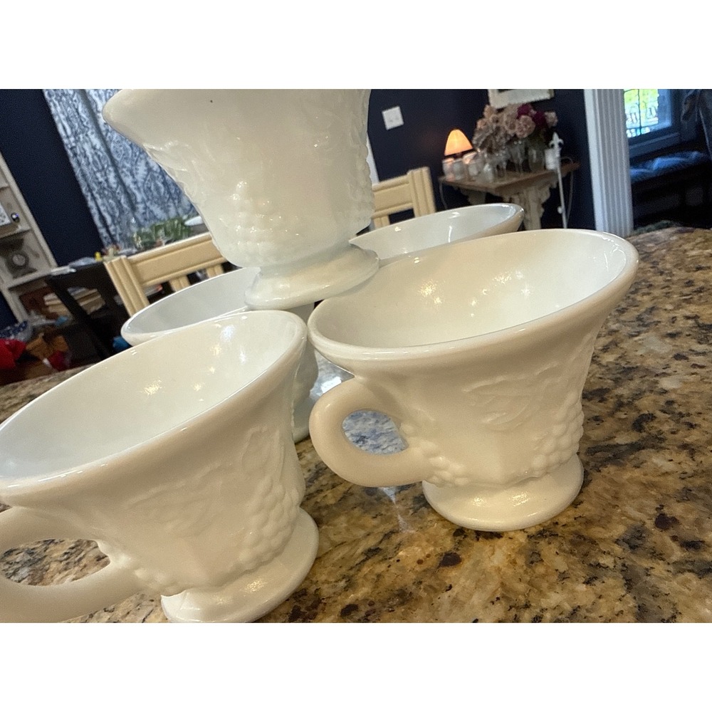 Vintage‎ White Milk Glass Grape Harvest Footed Punch Cups Set of 5 Embossed Leaf